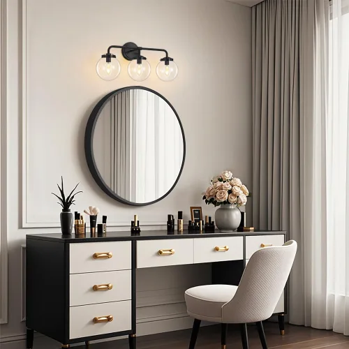 Vista 4 de Lámparas de Tocador de Baño Negras Sobre Espejo, Aplique de Pared Moderno Negro Mate de 3 Luces con Pantalla de Bola de Vidrio Transparente, Luces