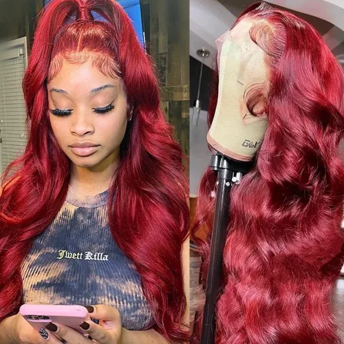 Vista 10 de MUPRETTY Pelucas de cabello humano con encaje frontal color burdeos, densidad del 180 %, peluca de encaje frontal de 13 x 4 pulgadas, con cabello