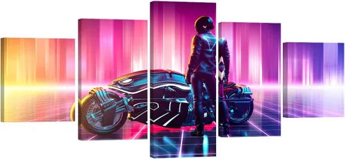 Vista 27 de Lienzo decorativo para pared, diseño de ciudad futurista Cyberpunk para sala de estar, impresión multipanel, obra de arte de cocina, pintura