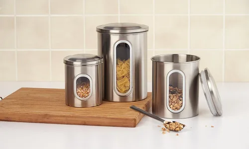 Vista 4 de Fox Run Juego de recipientes de acero inoxidable para encimera de cocina, juego de 3 piezas para azúcar, harina, café y más