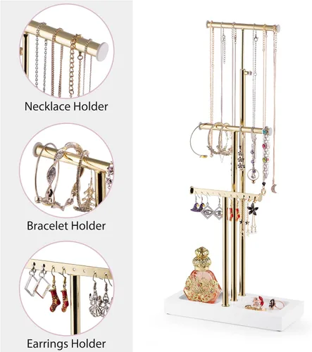 Vista 4 de Love-KANKEI Organizador de joyas colgante con base de metal y madera, soporte para collar con árbol de 3 niveles soporte para joyas para pulseras
