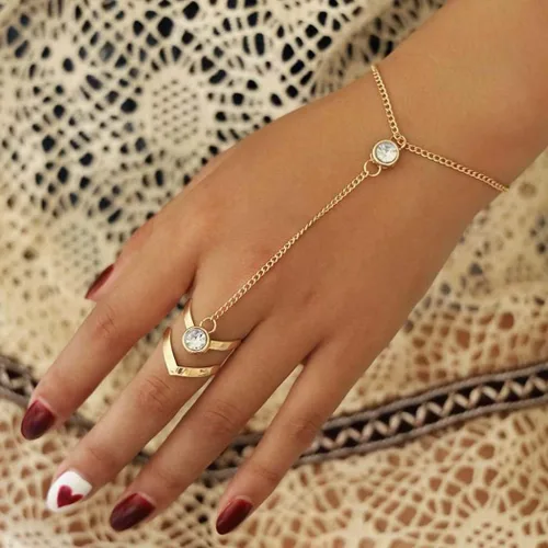 Vista 3 de ACEDRE Pulseras de cristal bohemias, arnés de mano de oro, anillos de dedo, accesorios de mano para mujer, Metal