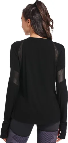 Vista 2 de Muzniuer Camisetas de entrenamiento de manga larga para mujer, camiseta lisa de manga larga para mujer, camiseta deportiva de yoga con agujero