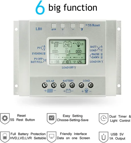 Vista 5 de Controlador de carga solar de 80 A, regulador de panel solar de 80 amperios con temporizador de carga, 12 V 24 V automático con pantalla LCD USB 5 V