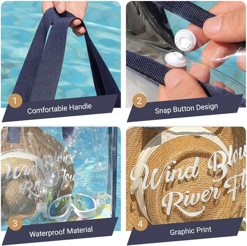 Vista 2 de Treasurecove Bolsa de playa transparente para mujer con bolsa desmontable para teléfono, plegable, impermeable, bolsa transparente para playa