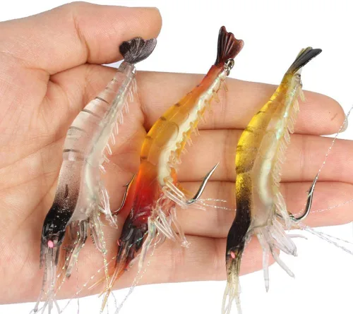 Vista 2 de Goture Soft Shrimp Lures Fishing Saltwater Luminous Shrimp Bait Set Fishing Lures with Sharp Hooks for Freshwater Saltwater Trout Bass Salmon