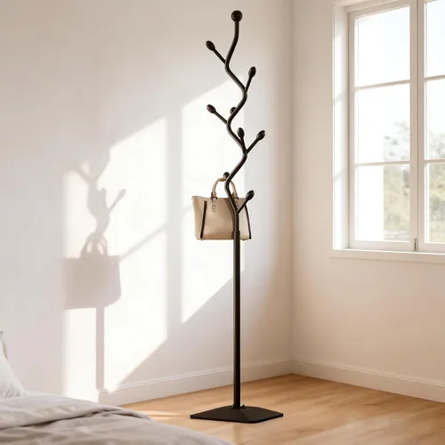 Vista 2 de Perchero en forma de árbol ZHBHYZ, árbol de abrigos de metal con 8 ganchos y base de hierro fundido resistente, perchero de pie de alta resistencia