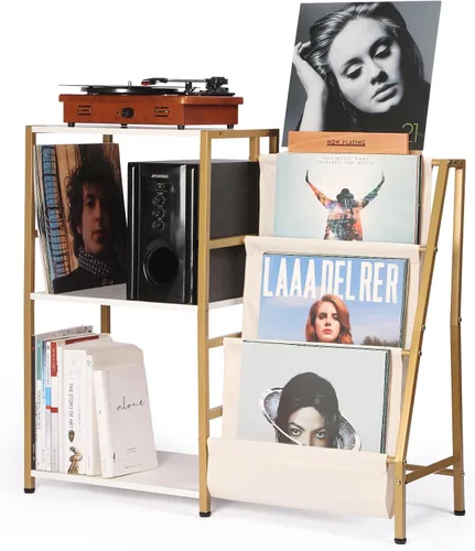 Vista 8 de HYCFYJR Soporte para reproductor de discos de vinilo, almacenamiento de discos de vinilo de 3 niveles, soporte para tocadiscos con soporte Now