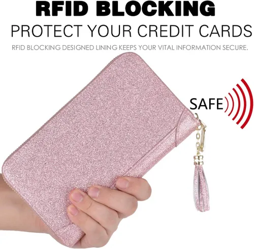 Vista 4 de Easyoulife - Monedero de cuero con cremallera, billetera portatarjetas para mujer, bloqueo RFID