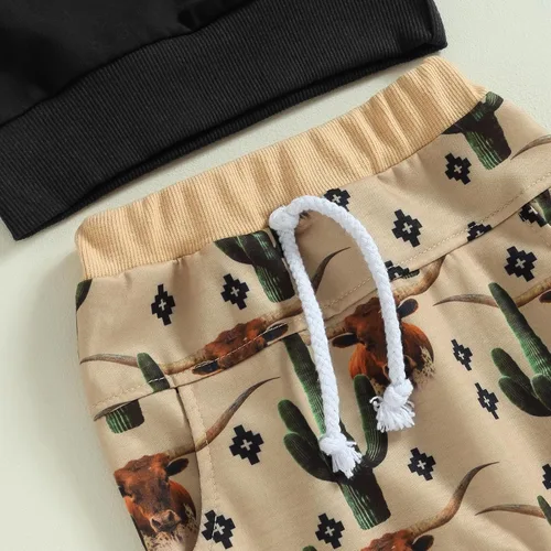 Vista 5 de Gueuusu Ropa occidental para bebé niño, sudadera con estampado de vaca, pantalones deportivos con cordón de ajuste, 2 piezas, trajes de otoño e