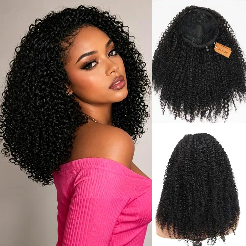 Vista 10 de Miss Lee - Peluca de media peluca rizada de 200% de densidade 3 en 1 de cabello humano sin pegamento para mujeres, con cordón de ajuste, sin