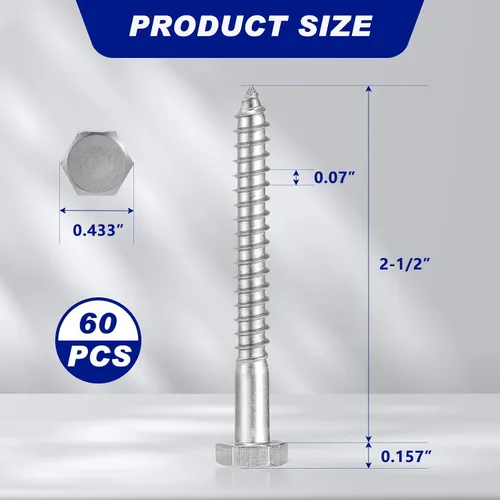Vista 2 de Blulu 60 tornillos de retraso de cabeza hexagonal de 1/4 pulgadas x 2-1/2 pulgadas, tornillos de retraso de acero inoxidable 304 para madera Plateado