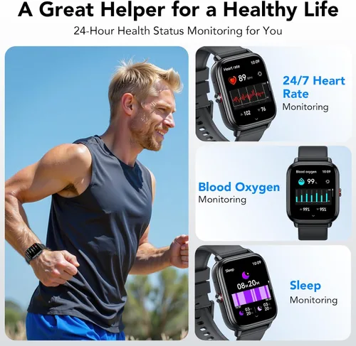 Vista 4 de Reloj inteligente para hombres y mujeres (respuestas/hacer llamadas), monitor de fitness con pantalla táctil HD de 1.83 pulgadas, tiempo de Negro
