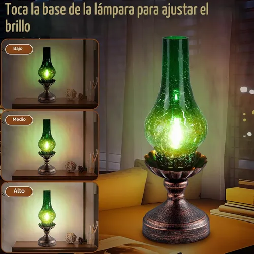 Vista 2 de Lámpara de mesa vintage con pantalla de cristal agrietado verde, control táctil y regulable de 3 vías, lámpara de noche rústica retro