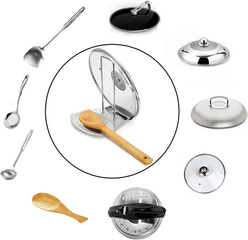 Vista 6 de Lawei Paquete de 3 tapas y soporte para cucharas, soportes para tapa de olla de acero inoxidable, organizador de tapa para ollas, sartenes, cucharas