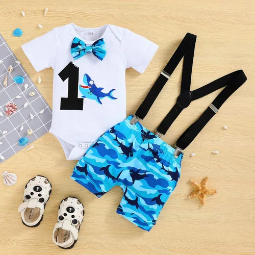 Vista 2 de GRNSHTS Ropa divertida de primer cumpleaños para bebé niño, mameluco con pajarita, mameluco para tartas