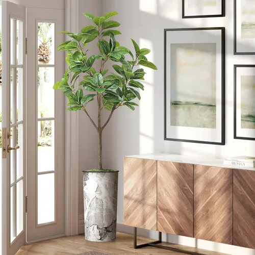 Vista 15 de Árbol artificial en maceta moderna, palmera tropical areca artificial de seda para decoración del hogar en interiores y exteriores, altura total 66
