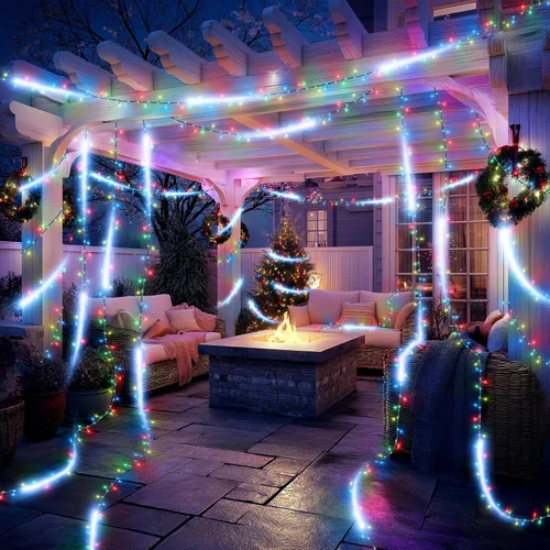 Vista 2 de iBaycon Cadena de luces de Navidad, 20 pies 240 LEDs, luces con flujo de agua conectables al aire libre, impermeables, 14 modos, cadena de luces