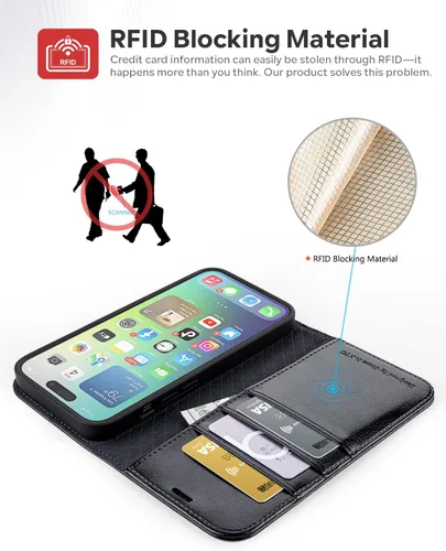 Vista 3 de OCASE Funda tipo cartera compatible con iPhone 14 Pro Max, de piel sintética, con tarjetero, soporte de bloqueo RFID