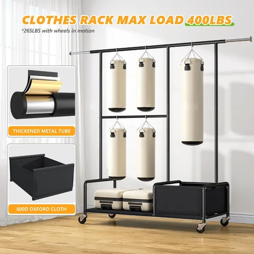Vista 8 de Raybee Percheros para colgar ropa, perchero ajustable con ruedas bloqueables, estantes de almacenamiento, estante multifuncional para dormitorio