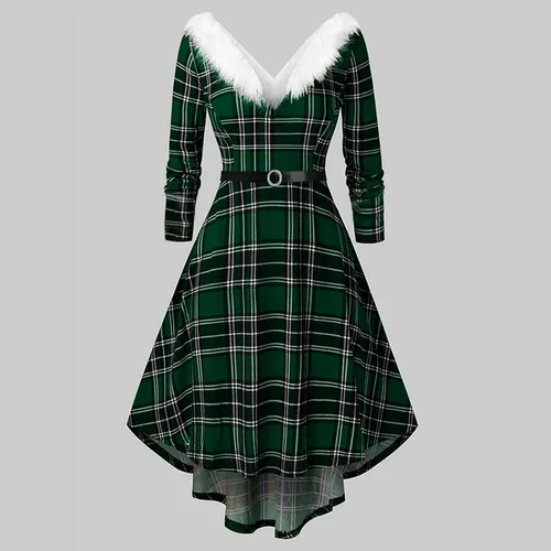 Vista 2 de Disfraz sexy de la señora Claus para mujeres adultas, cuello en V, vestido de Navidad retro rojo con estampado de Navidad, vestido de graduación