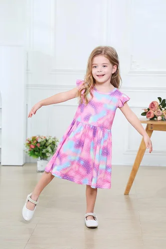 Vista 4 de Vestido de unicornio casual con mangas con vuelo para niñas pequeñas, vestido de verano para fiesta de cumpleaños, vestidos de verano de 1 a 8 años