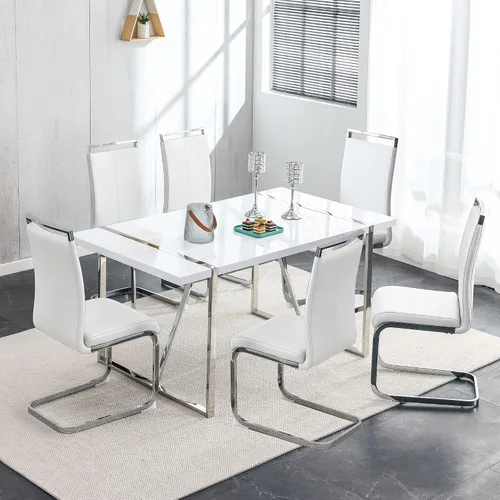 Vista 14 de Juego de sillas de mesa de comedor para 4, mesa de cocina rectangular moderna de 55 pulgadas con sillas acolchadas de cuero, juego de mesa de Negro