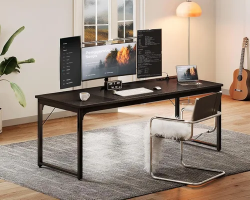 Vista 8 de Coleshome Escritorio para computadora de 71 pulgadas con puertos USB, escritorio de oficina grande, escritorio de estudio largo para estudiantes