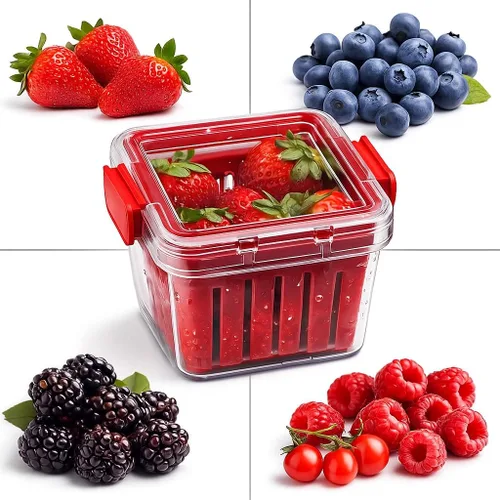 Vista 2 de Home & Style Recipiente de almacenamiento de productos con colador, enjuague, escurre y mantiene las frutas frescas, sin BPA, con tapa, ideal