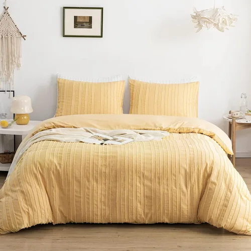 Vista 14 de WARMDERN Juego de funda de edredón a rayas azules, ropa de cama con textura bohemia acolchada con mechones, 2 piezas tamaño Twin de microfibra