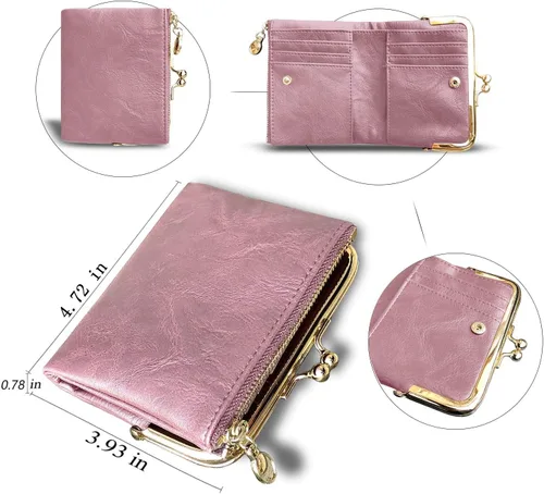 Vista 41 de AOXONEL Cartera para mujer, pequeña, Rfid, compacta, plegable, de piel, vintage, con cremallera y cierre de beso