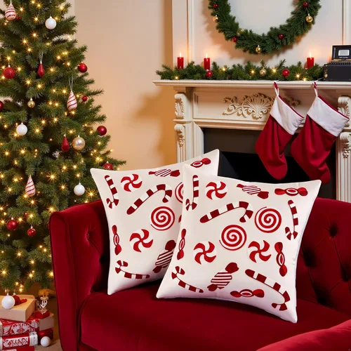 Vista 6 de Funda para almohadón navideño 18 x 18 pulgadas, juego de 2, funda de almohada de terciopelo beige con bastón de caramelo, funda para almohadón