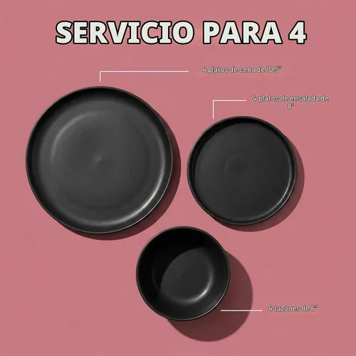 Vista 2 de Juego de vajilla de cerámica, juegos de platos y cuencos, platos, servicio de 12 piezas para 4, negro mate