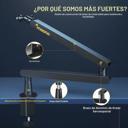 Vista 2 de MAONO Brazo de Micrófono de Pluma, Brazo de Micrófono de Bajo Perfil con Canales de Gestión de Cables, Abrazadera de Montaje de Escritorio