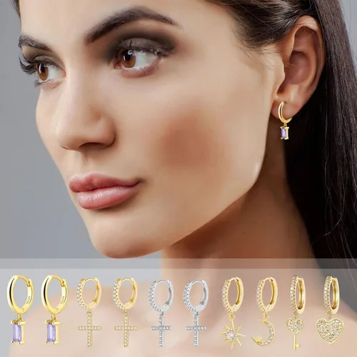 Vista 5 de Gold Huggie Hoop Earrings Crystal Green Drop Earrings