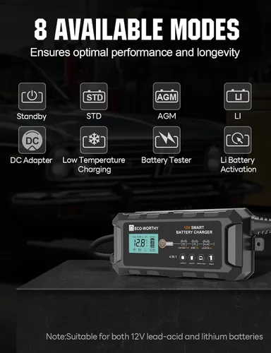 Vista 2 de ECO-WORTHY Cargador de batería LiFePO4 10A de 12 V, cargador y mantenedor de batería de litio inteligente, cargador de goteo y desulfatador