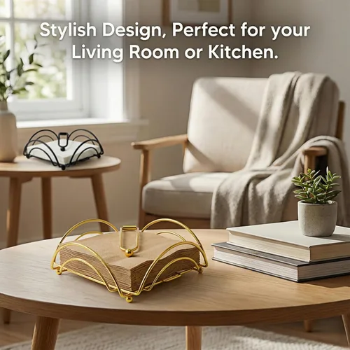 Vista 4 de Flat Napkin Holder for Table with Weighted Arm - Square Metal Napkin Dispenser for Kitchen Dining, Modern Cocktail Napkin Holders - Iron (Black)