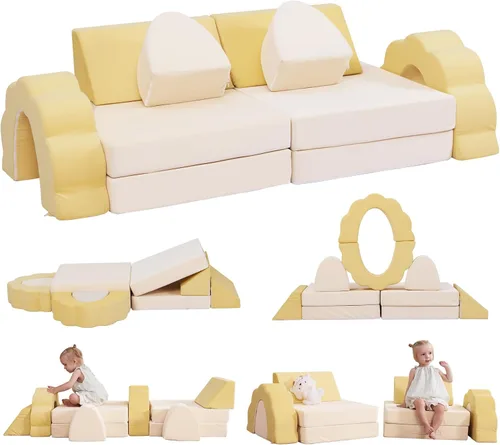 Vista 9 de LOAOL Sofá de Juego para Niños 10 Piezas, Sofá de Juego Modular para Niños, Sofá de Espuma Multifuncional para Niños Pequeños, Sofá de Juego Beige