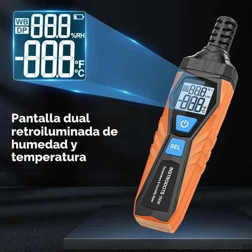 Vista 4 de Medidor de Temperatura y Humedad, Termómetro Higrómetro de Alta Precisión con Ambiente, Punto de Rocío, Termómetro de Bulbo Húmedo, Pantalla Dual