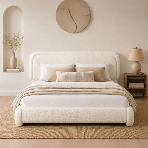 Vista 9 de Kelway - Base de cama tamaño Queen Boucle tapizada con cabecera curvada ajustable, no necesita somier, color beige