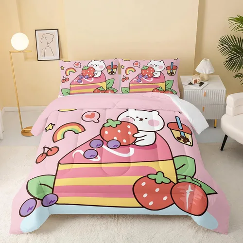 Vista 20 de QOOMO Edredón floral de gato tamaño Twin, juego de ropa de cama de gato rosa para niños, adolescentes y niñas, juego de ropa de cama de 3 piezas