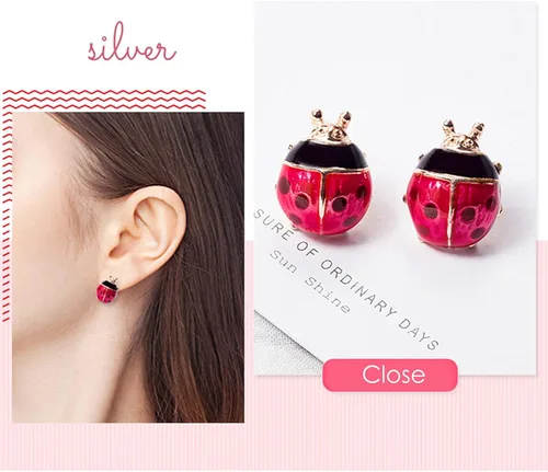Vista 4 de 2 pares de pendientes de mariquita con circonita cúbica para mujer, diseño de insectos y mariquitas, diseño de lunares, color negro, rojo