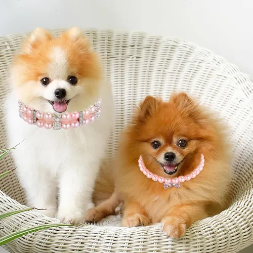 Vista 6 de Hicarer 2 Piezas Collares de Perlas Pequeños para Perros y Gatos y Juego de Collar de Perlas con Collar de Cuero PU Lindo para Mascotas con Cristal