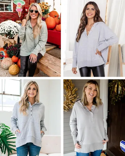 Vista 4 de Zwurew Sudaderas con capucha para mujer, sudadera de gran tamaño, manga larga, camiseta Henley con bolsillo, Gris