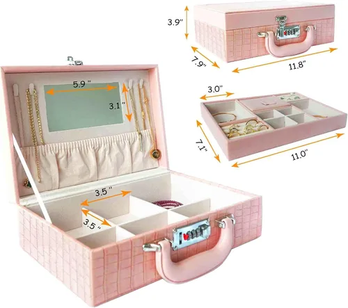 Vista 5 de FREEDARE KENSONE - Joyeros organizadores para mujeres y niñas con espejo estuche portátil de 2 capas de almacenamiento de joyas de viaje con bandeja