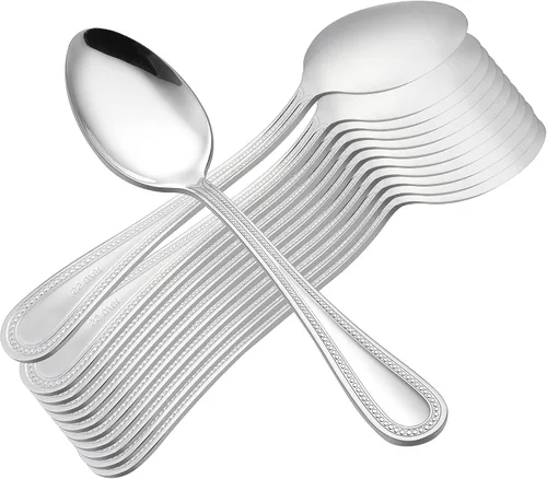 Vista 4 de E-far Juego de 12 cucharaditas de acero inoxidable con borde perlado de 6.7 pulgadas, cucharas de té de postre pequeñas para el hogar, cocina