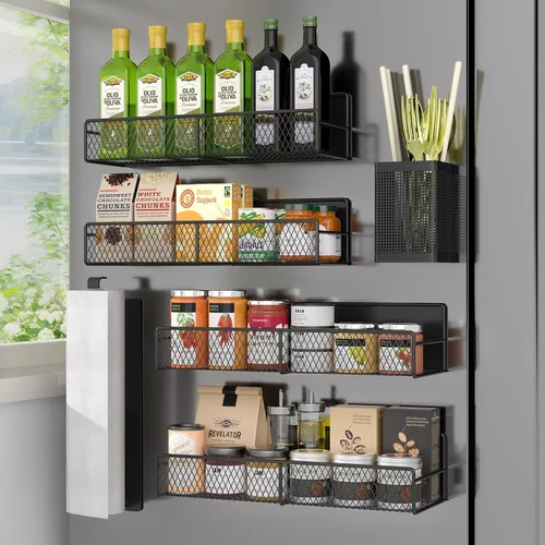 Vista 27 de Estante magnético para especias para refrigerador, paquete de 7 estantes magnéticos fuertes 100% de metal, organizador de especias con soporte