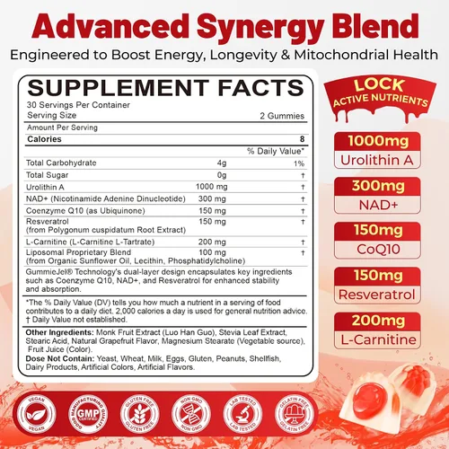 Vista 2 de Gomitas de urolitina A para longevidad y energía muscular, suplemento liposomal de urolitina A+ de 1000 mg con NAD+, CoQ10, resveratrol