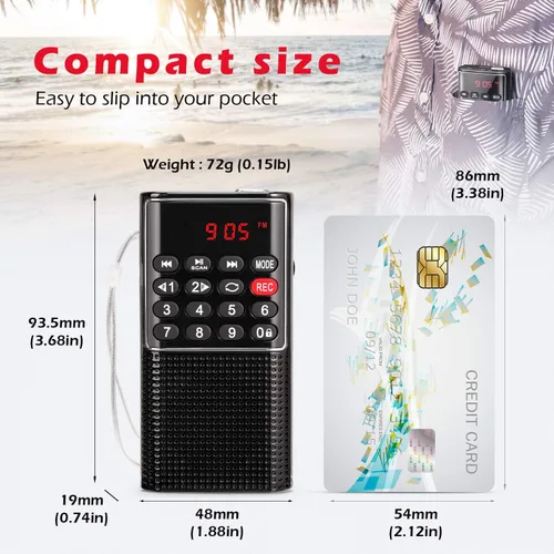 Vista 2 de Mini radio FM Walkman de bolsillo, radio portátil con grabador, llave de bloqueo, reproductor de tarjetas SD, funciona con batería recargable, por
