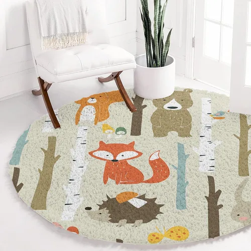 Vista 3 de Alfombra de área de 5 pies para interior, redonda, diseño de dibujos animados, conejo, oso, zorro, bosque, alfombra lanuda para niños, habitación